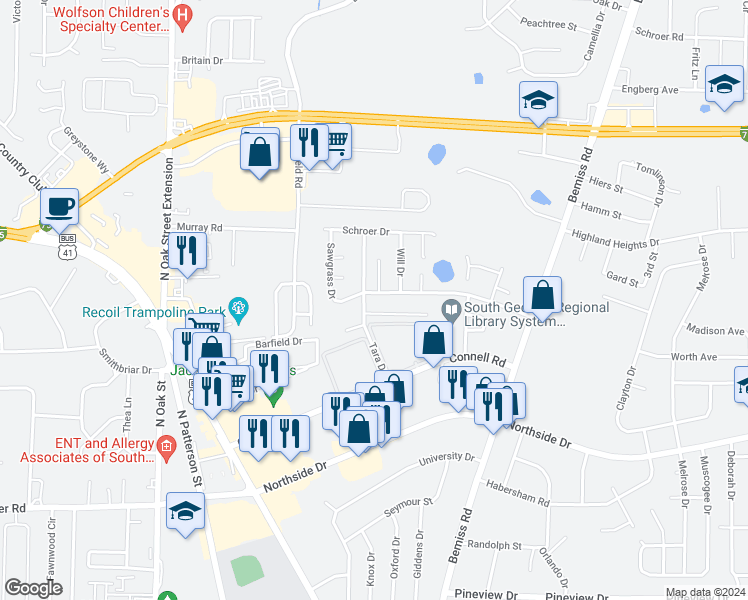 map of restaurants, bars, coffee shops, grocery stores, and more near 267 Blue Pool Drive in Valdosta