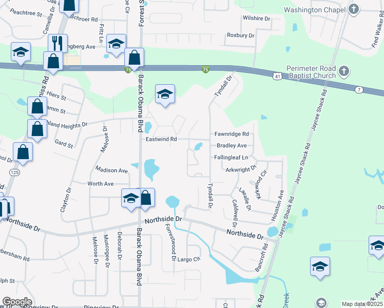 map of restaurants, bars, coffee shops, grocery stores, and more near 1800 Eastwind Road in Valdosta