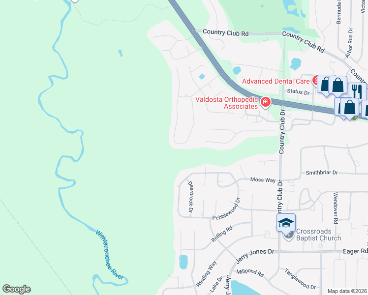 map of restaurants, bars, coffee shops, grocery stores, and more near 302 Knob Hill Road in Valdosta