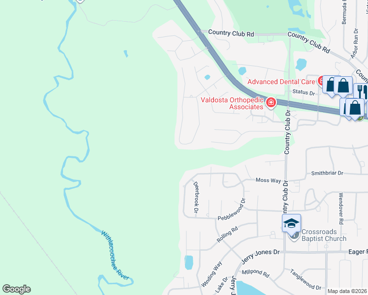 map of restaurants, bars, coffee shops, grocery stores, and more near 302 Knob Hill Road in Valdosta