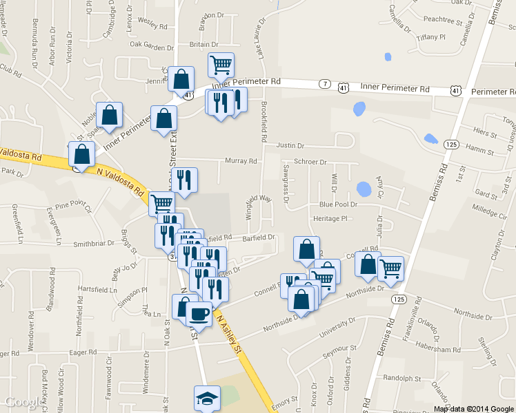 map of restaurants, bars, coffee shops, grocery stores, and more near 327 Brookfield Road in Valdosta