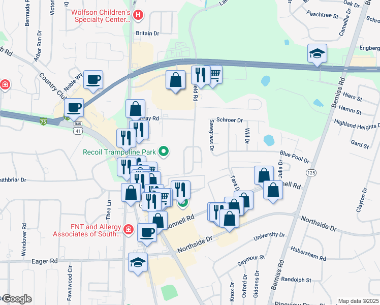 map of restaurants, bars, coffee shops, grocery stores, and more near 350 Brookfield Road in Valdosta