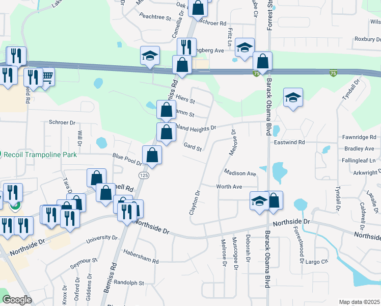 map of restaurants, bars, coffee shops, grocery stores, and more near 210 Gard Street in Valdosta