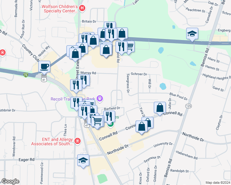 map of restaurants, bars, coffee shops, grocery stores, and more near 356 Brookfield Road in Valdosta