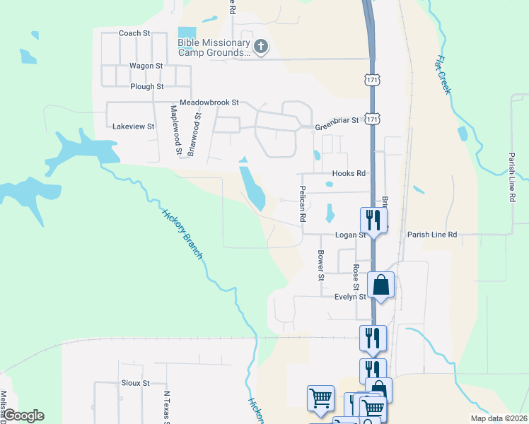 map of restaurants, bars, coffee shops, grocery stores, and more near 245-299 Willow Lake Lane in DeRidder