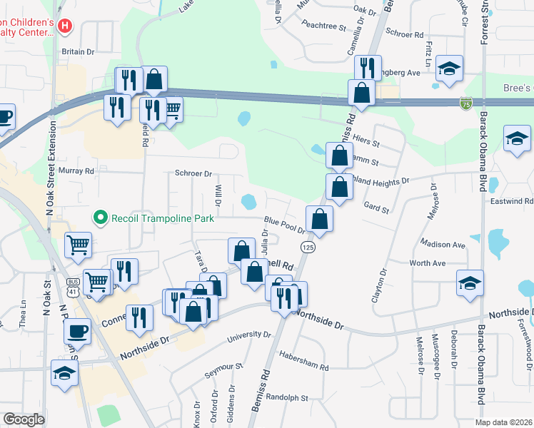 map of restaurants, bars, coffee shops, grocery stores, and more near 156 Blue Pool Drive in Valdosta