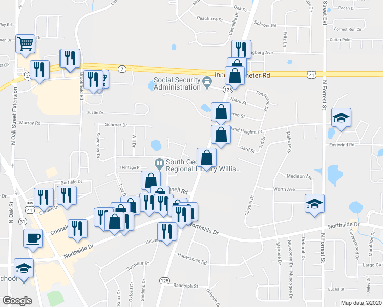 map of restaurants, bars, coffee shops, grocery stores, and more near 9 Kensington Circle in Valdosta