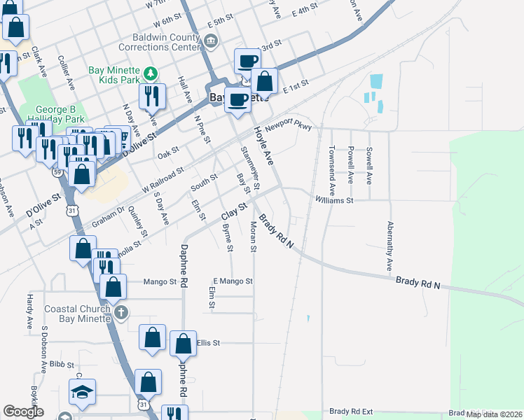 map of restaurants, bars, coffee shops, grocery stores, and more near 407 Jacobee Court in Bay Minette