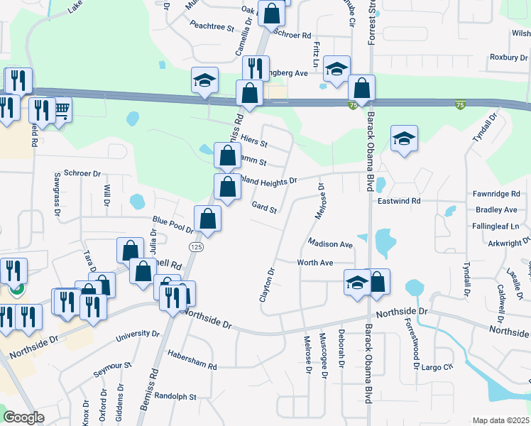 map of restaurants, bars, coffee shops, grocery stores, and more near 217 Gard Street in Valdosta