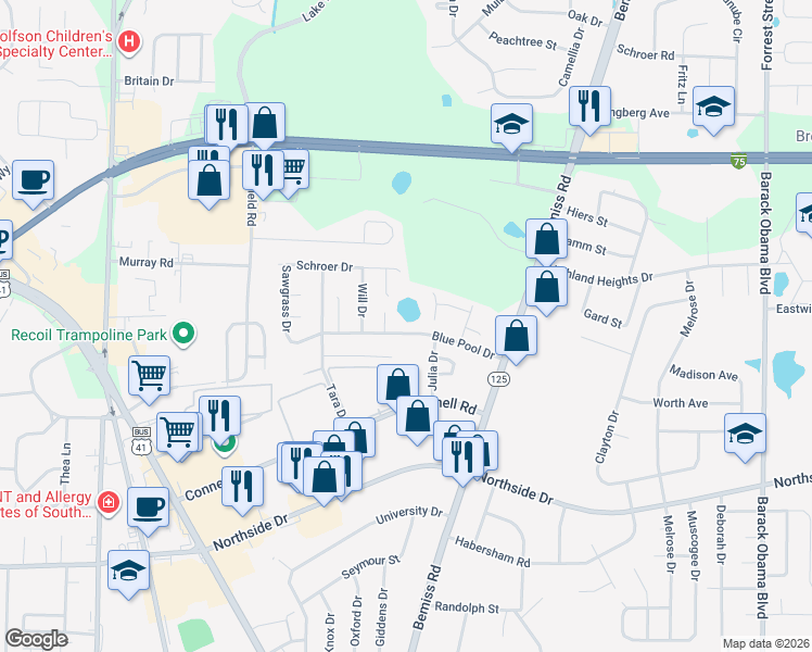 map of restaurants, bars, coffee shops, grocery stores, and more near 218 Blue Pool Drive in Valdosta