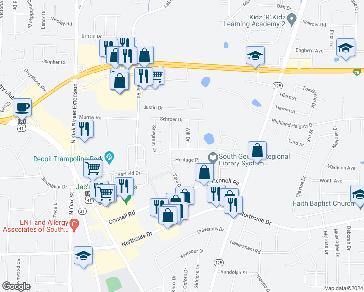 map of restaurants, bars, coffee shops, grocery stores, and more near 258 Blue Pool Drive in Valdosta