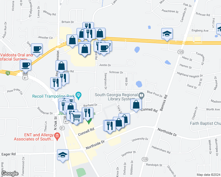 map of restaurants, bars, coffee shops, grocery stores, and more near 5 South Sawgrass Circle in Valdosta