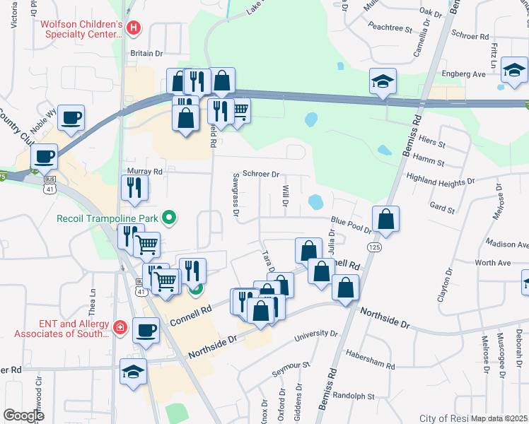 map of restaurants, bars, coffee shops, grocery stores, and more near 3008 Asbury Circle in Valdosta