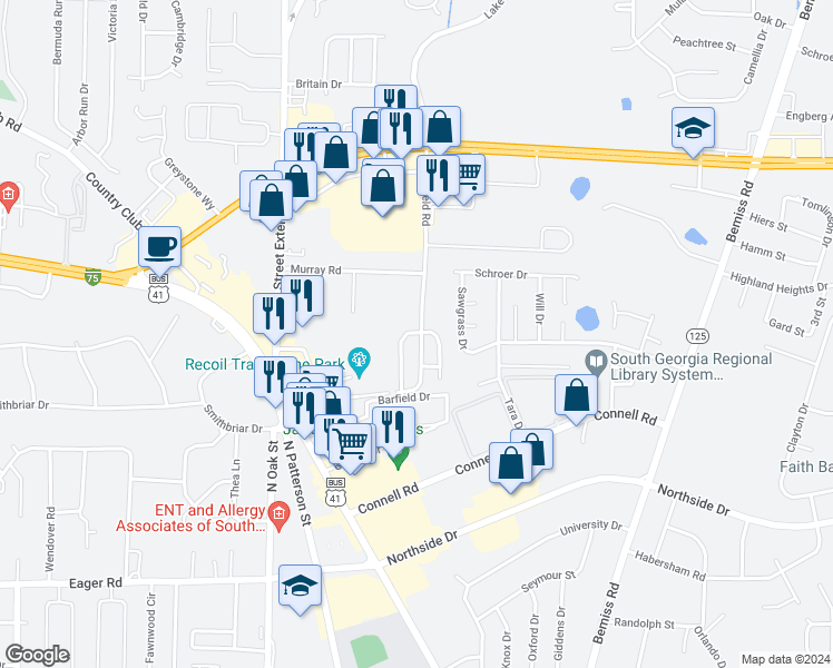 map of restaurants, bars, coffee shops, grocery stores, and more near 360 Brookfield Road in Valdosta