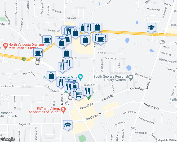 map of restaurants, bars, coffee shops, grocery stores, and more near 3120 Wingfield Way in Valdosta