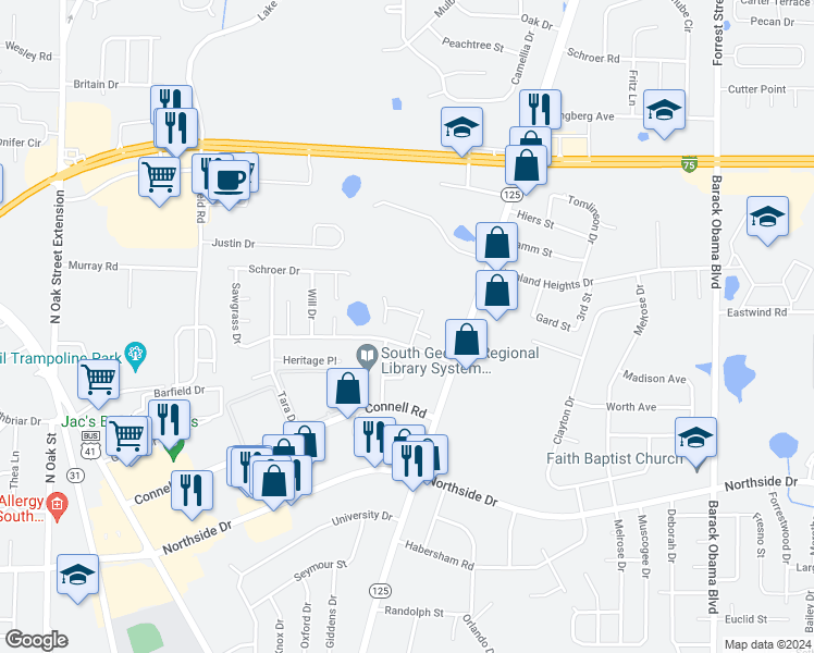map of restaurants, bars, coffee shops, grocery stores, and more near 3008 Kensington Lane in Valdosta