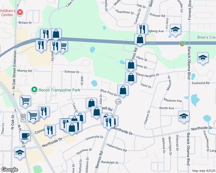 map of restaurants, bars, coffee shops, grocery stores, and more near 3007 Amy Circle in Valdosta