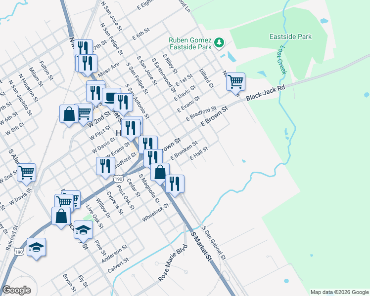 map of restaurants, bars, coffee shops, grocery stores, and more near 304 East Brenken Street in Hearne