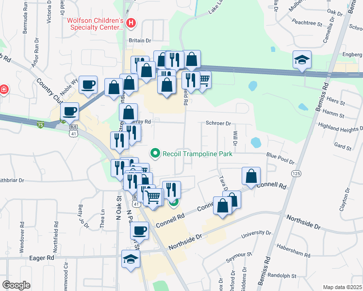 map of restaurants, bars, coffee shops, grocery stores, and more near 3170 Wingfield Way in Valdosta