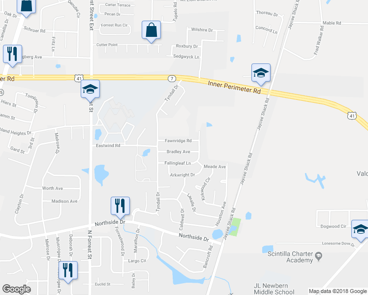map of restaurants, bars, coffee shops, grocery stores, and more near 2016 Bradley Avenue in Valdosta