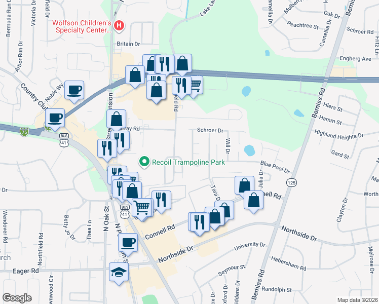 map of restaurants, bars, coffee shops, grocery stores, and more near 338 Sawgrass Drive in Valdosta
