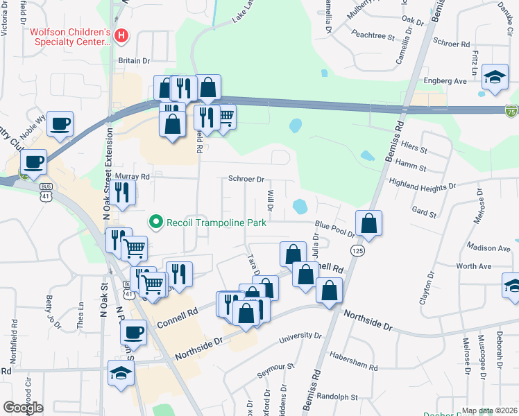 map of restaurants, bars, coffee shops, grocery stores, and more near 3008 Asbury Circle in Valdosta
