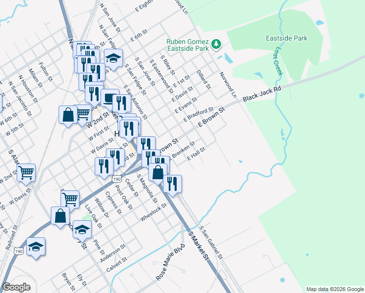 map of restaurants, bars, coffee shops, grocery stores, and more near 304 East Brenken Street in Hearne