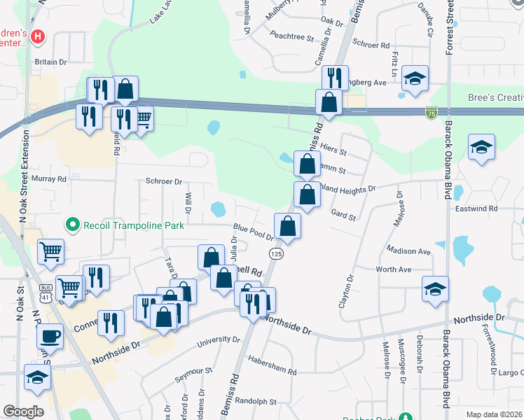 map of restaurants, bars, coffee shops, grocery stores, and more near 3015 Kensington Lane in Valdosta