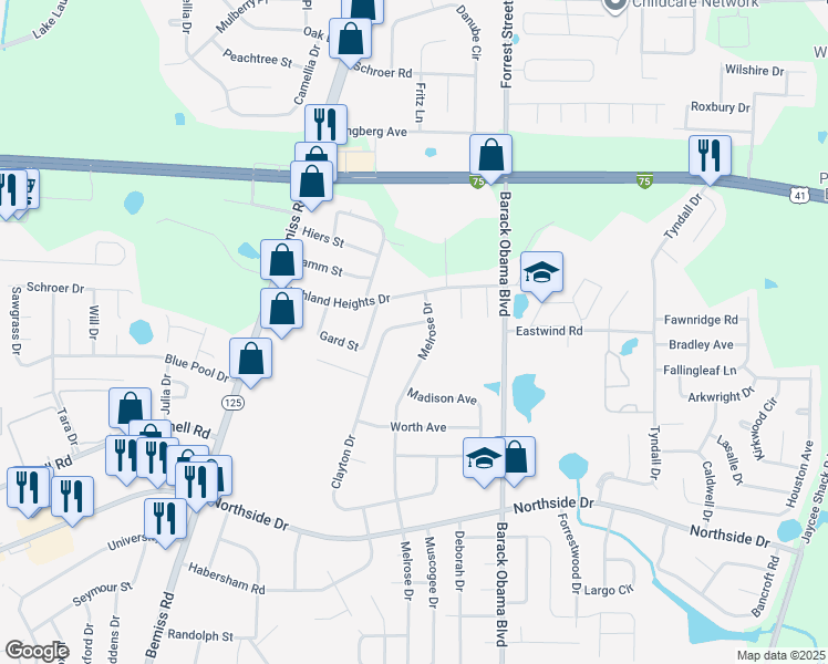 map of restaurants, bars, coffee shops, grocery stores, and more near 2819 Clayton Drive in Valdosta