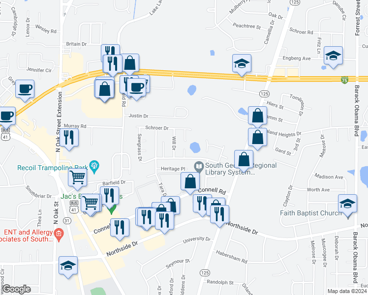 map of restaurants, bars, coffee shops, grocery stores, and more near 3014 Memory Lane in Valdosta
