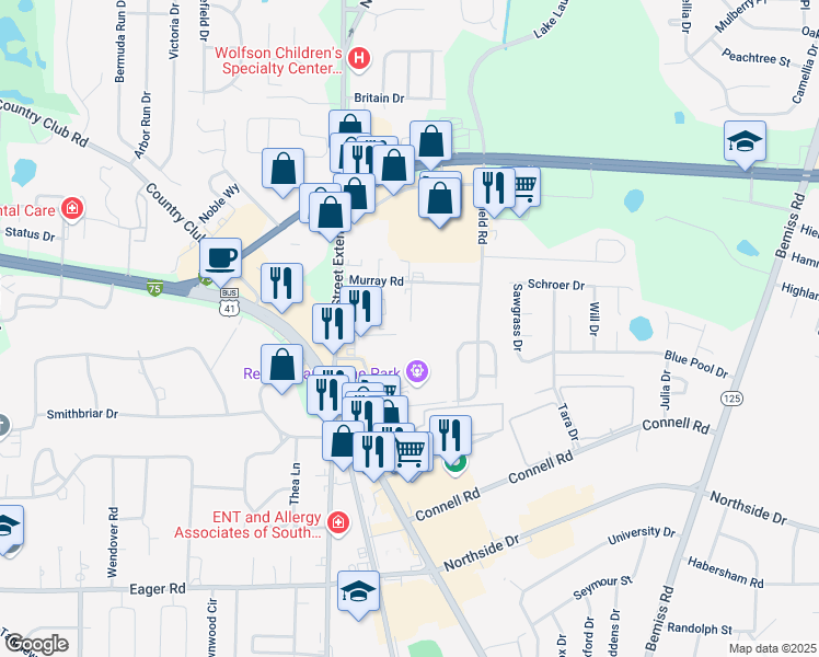 map of restaurants, bars, coffee shops, grocery stores, and more near 8 Meadow Run Circle in Valdosta