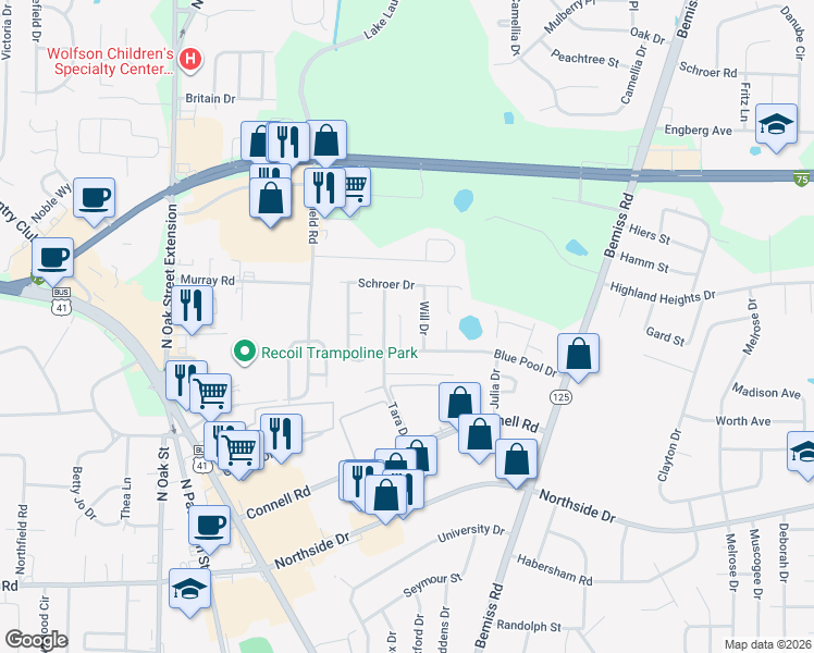 map of restaurants, bars, coffee shops, grocery stores, and more near 3008 Asbury Circle in Valdosta