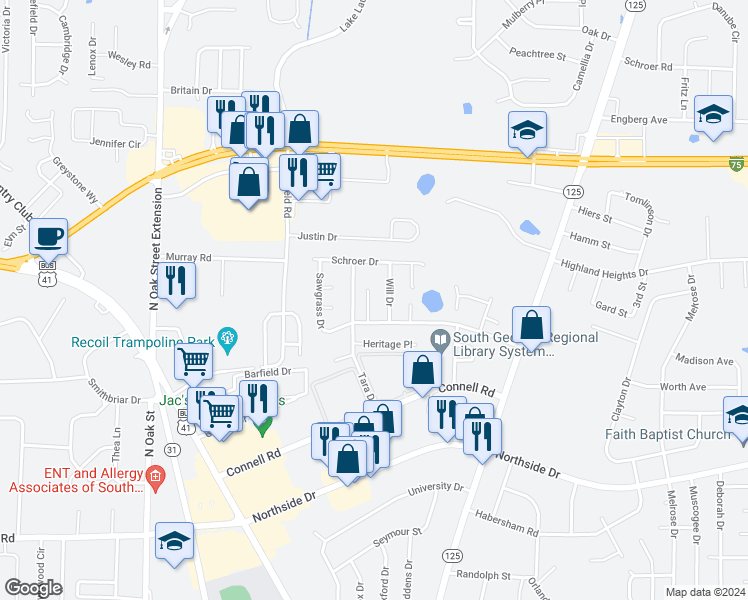 map of restaurants, bars, coffee shops, grocery stores, and more near 3011 Asbury Circle in Valdosta