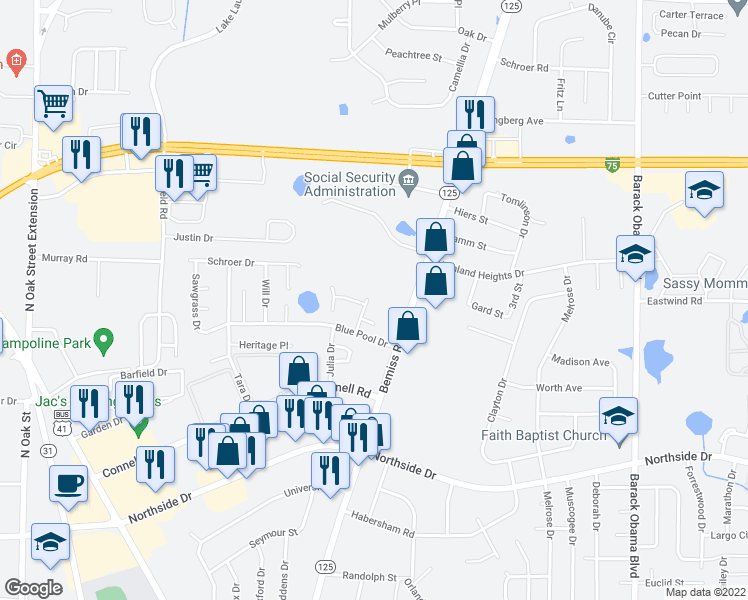 map of restaurants, bars, coffee shops, grocery stores, and more near 3019 Kensington Lane in Valdosta