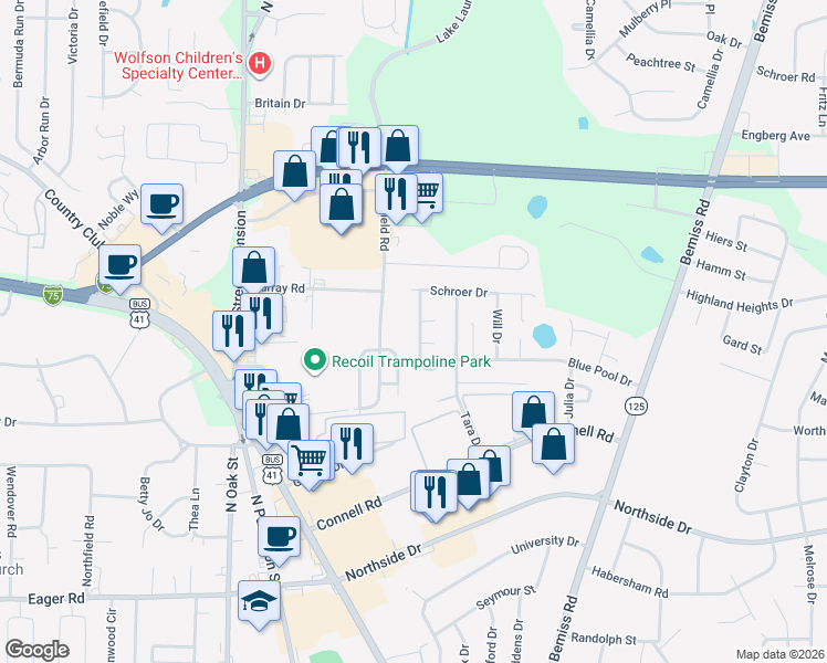 map of restaurants, bars, coffee shops, grocery stores, and more near 338 Sawgrass Drive in Valdosta