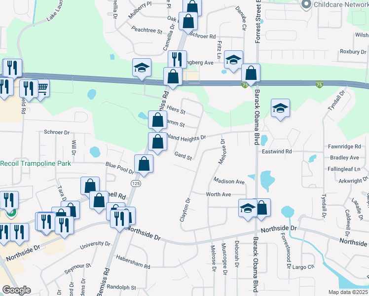 map of restaurants, bars, coffee shops, grocery stores, and more near 210 Gard Street in Valdosta