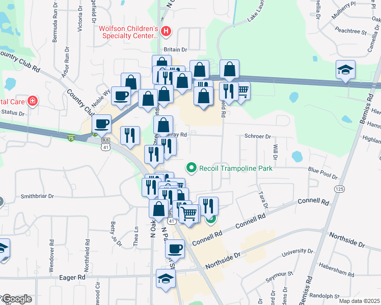 map of restaurants, bars, coffee shops, grocery stores, and more near 8 Meadow Run Circle in Valdosta