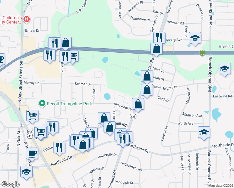 map of restaurants, bars, coffee shops, grocery stores, and more near 3007 Amy Circle in Valdosta