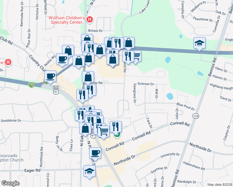 map of restaurants, bars, coffee shops, grocery stores, and more near 480 Murray Road in Valdosta