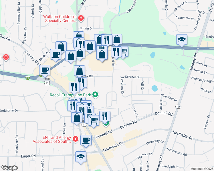map of restaurants, bars, coffee shops, grocery stores, and more near 480 Murray Road in Valdosta
