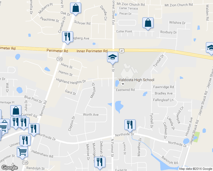 map of restaurants, bars, coffee shops, grocery stores, and more near 3132 Vanelle Drive in Valdosta