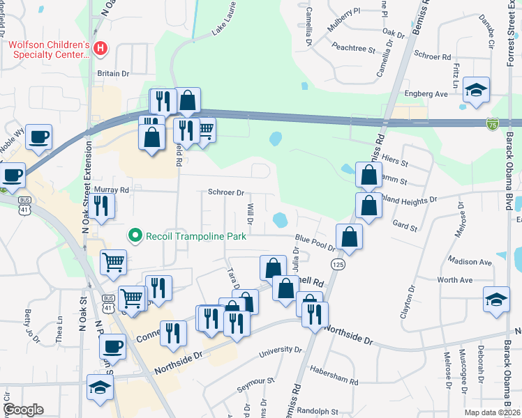 map of restaurants, bars, coffee shops, grocery stores, and more near 3007 Will Drive in Valdosta