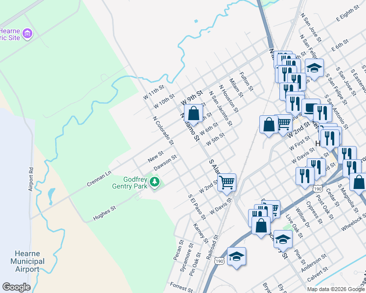 map of restaurants, bars, coffee shops, grocery stores, and more near 117 East 7th Street in Hearne