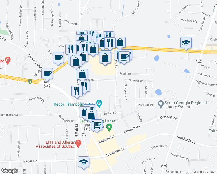 map of restaurants, bars, coffee shops, grocery stores, and more near 480 Murray Road in Valdosta