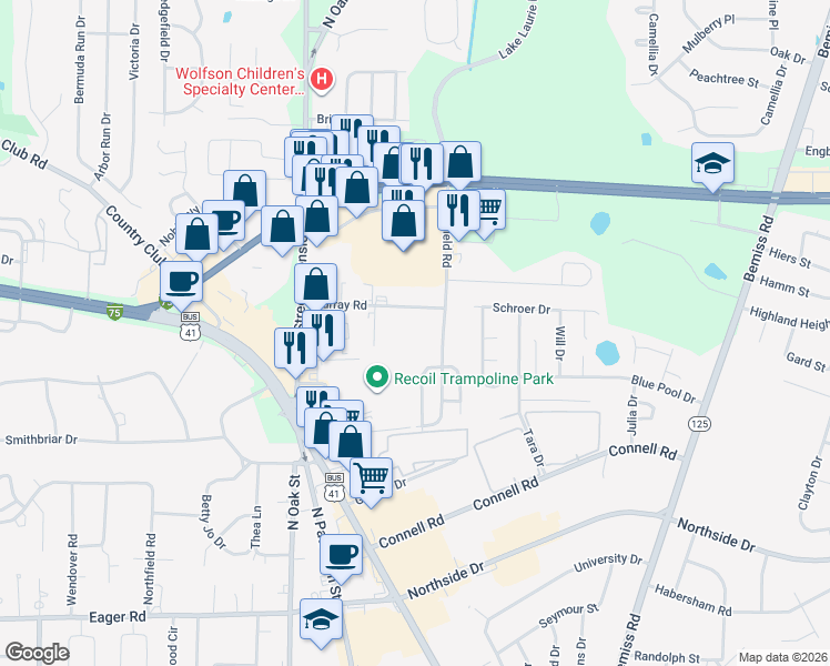 map of restaurants, bars, coffee shops, grocery stores, and more near 480 Murray Road in Valdosta
