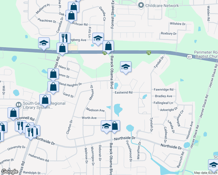 map of restaurants, bars, coffee shops, grocery stores, and more near 3125 Vanelle Drive in Valdosta
