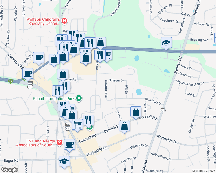 map of restaurants, bars, coffee shops, grocery stores, and more near 3068 Schroer Drive in Valdosta