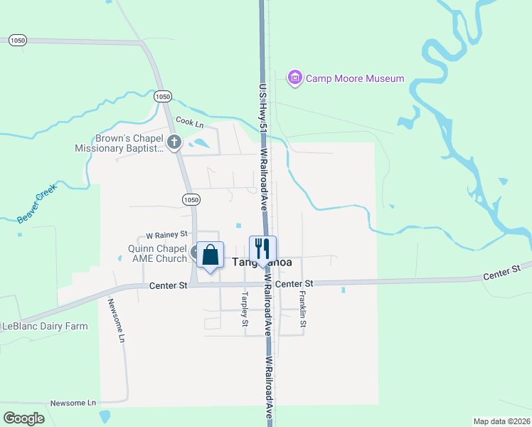 map of restaurants, bars, coffee shops, grocery stores, and more near 70286-70432 East Railroad Avenue in Tangipahoa