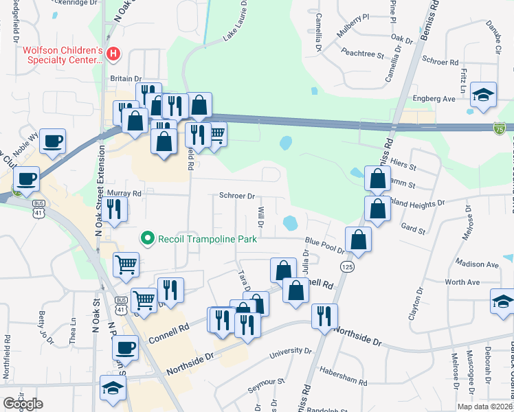 map of restaurants, bars, coffee shops, grocery stores, and more near 3022 Schroer Drive in Valdosta