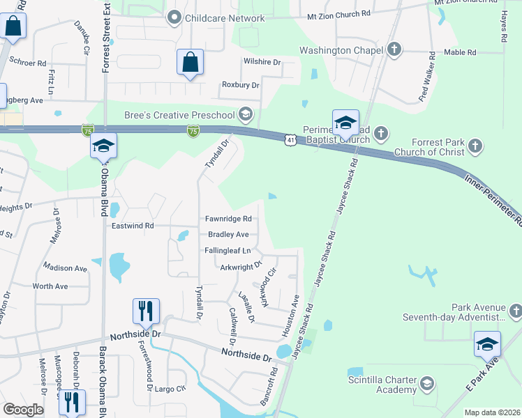 map of restaurants, bars, coffee shops, grocery stores, and more near 3109 Fallingleaf Lane in Valdosta